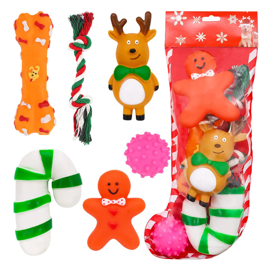 ZALALOVA Christmas Dog Stocking Gifts Toys Set 6 Pcs Xmas Dogs Toys Chew Toys Assorted Santa Clause Gingerbread Man Bone Shape Christmas Tree Candy Cane Shape Chewer Interactive Ball Gifts