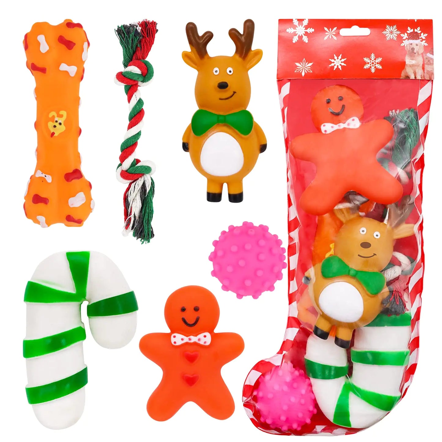 ZALALOVA Christmas Dog Stocking Gifts Toys Set 6 Pcs Xmas Dogs Toys Chew Toys Assorted Santa Clause Gingerbread Man Bone Shape Christmas Tree Candy Cane Shape Chewer Interactive Ball Gifts